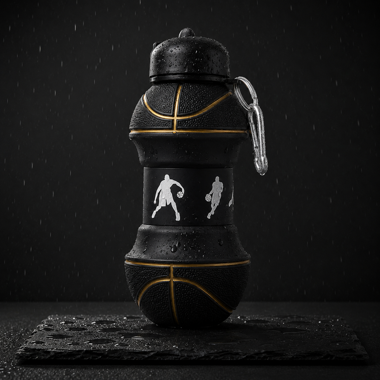 Foldo black basketball-design foldable silicone water bottle