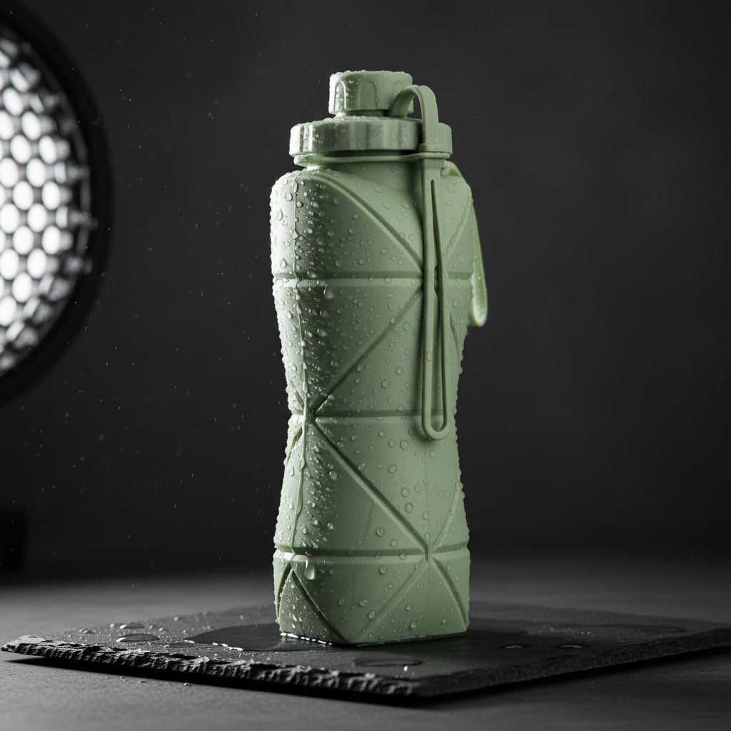 Foldo sage green foldable silicone water bottle, close-up of origami fold design
