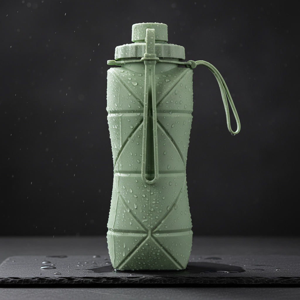 Foldo sage green foldable silicone water bottle with geometric origami fold design