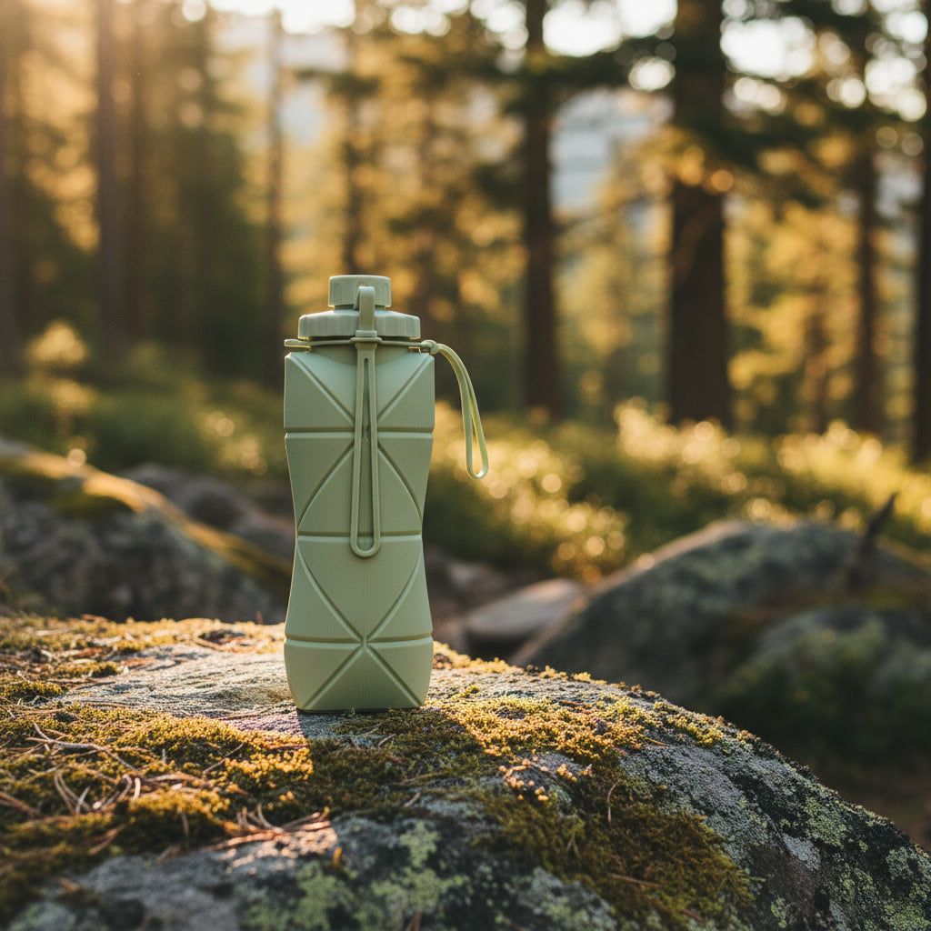 Foldo sage green foldable water bottle showing origami fold panels