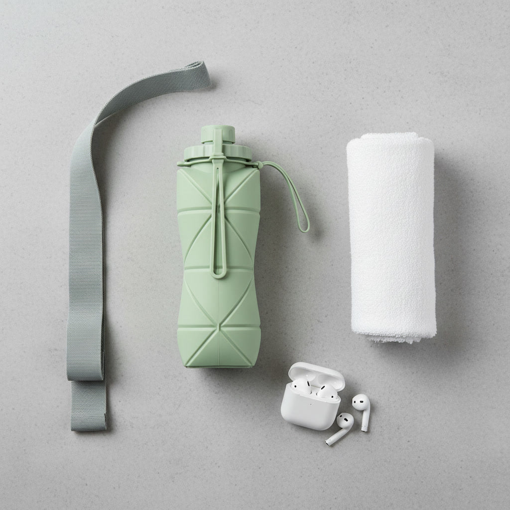 Overhead flat lay photo of Foldo sage green foldable water bottle